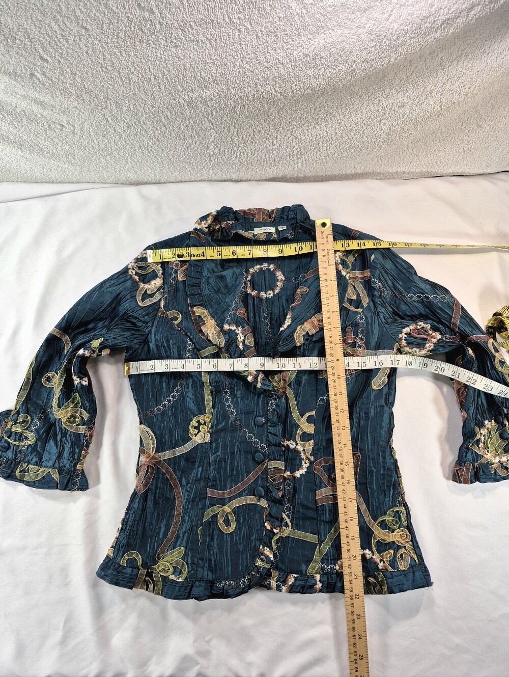 NWOT Agora Whimsy Teal Crinkle Ruffle Ribbon Applique Blouse Jacket S Whimsygoth - Picture 5 of 10